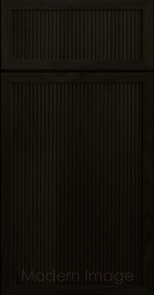Arcadia Reed Cabinet in Dark Onyx stain, featuring a Narrow Frame and a Slim Fluted Center Panel.